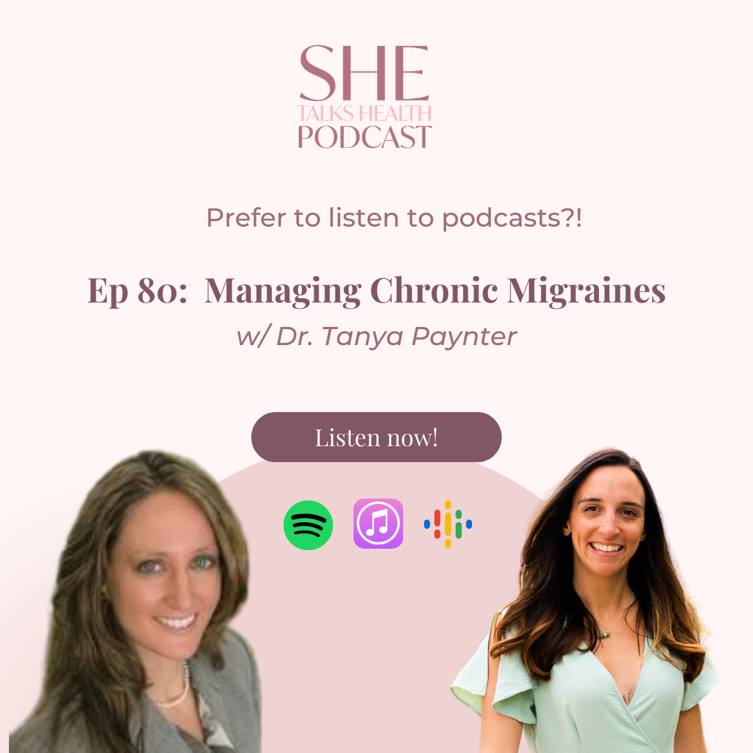 Graphic of Dr. Tayna Paynter and Sophie Shepherd that reads "prefer to listen to podcasts? Ep. 80 Managing chronic migrains with Dr. Tanya Paynter. Listen now!"